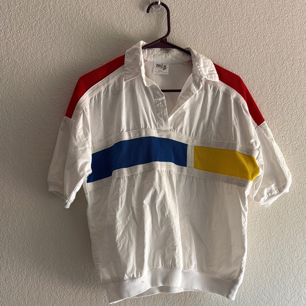 Vintage 90s Miz California white polo with red blue and yellow stripes